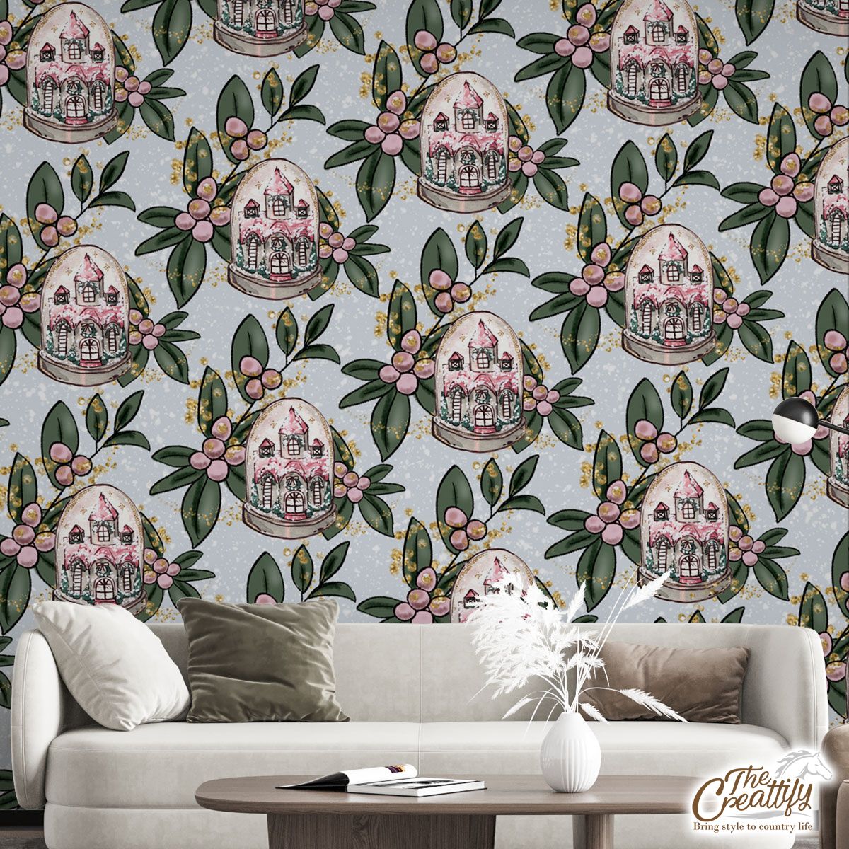 Pink Christmas Ball, Pink Holly Leaf Wall Mural