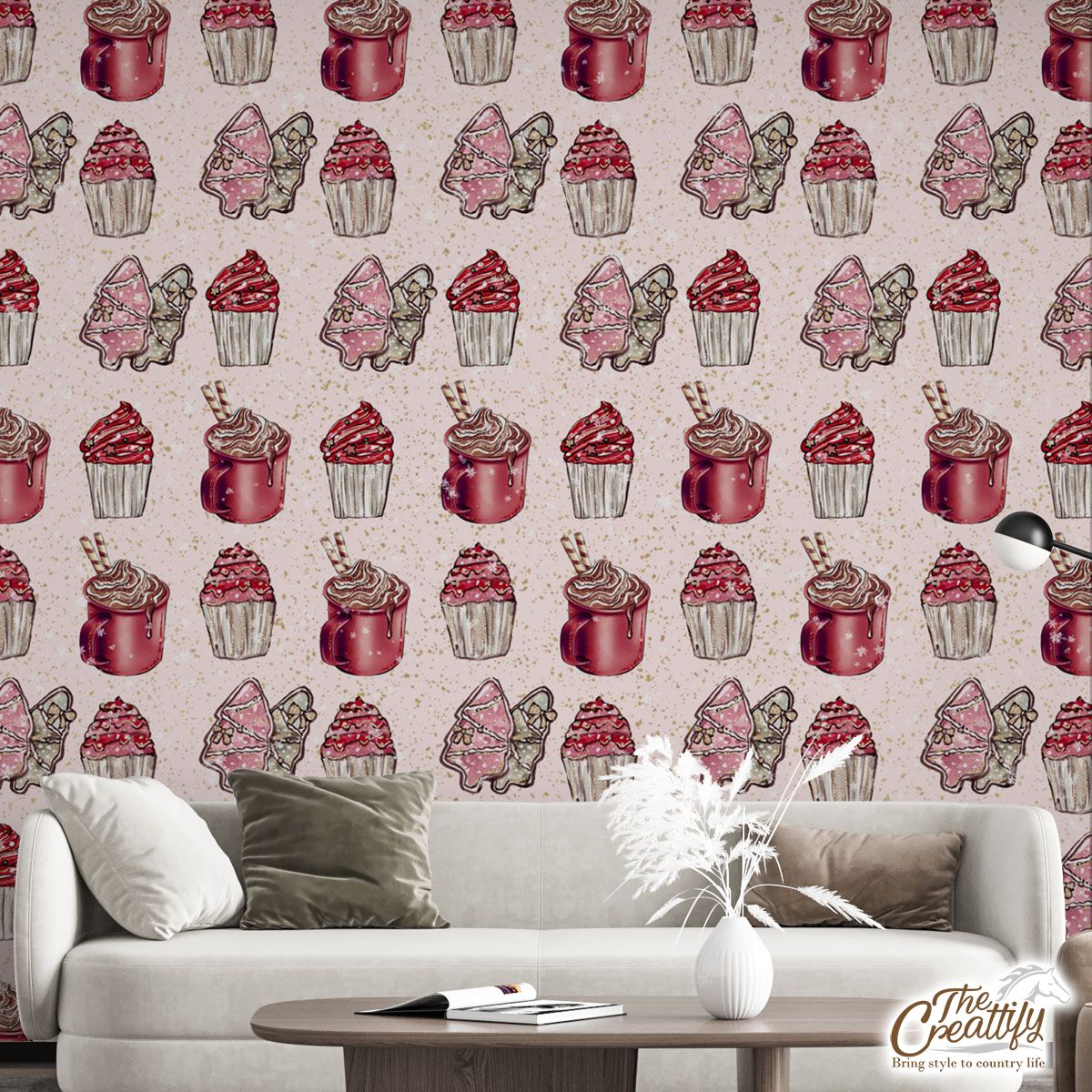 Pink Gingerbread Christmas Tree, Cupcake On Pastel Pink Background Wall Mural