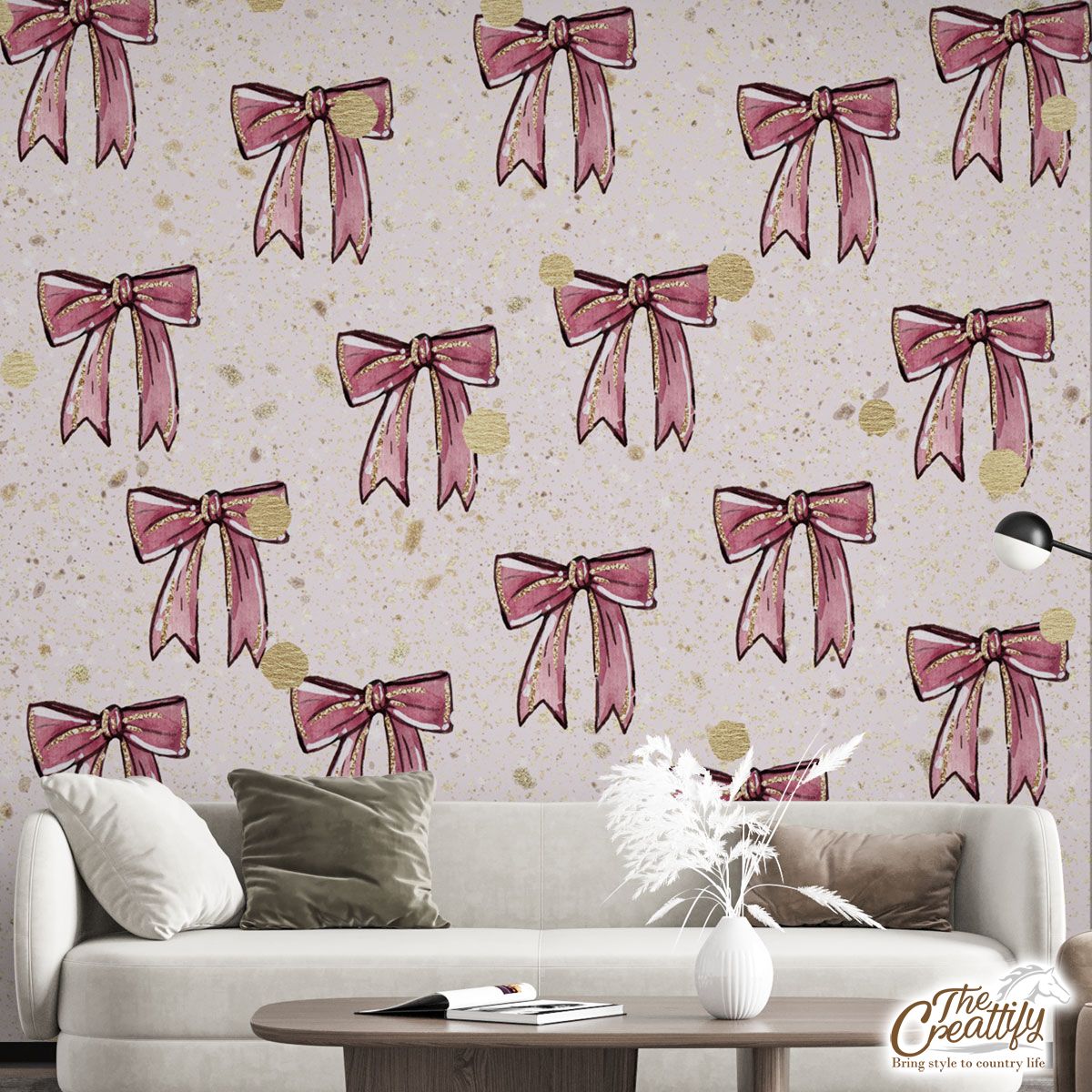 Twinkle Gold And Pink Christmas Bow Wall Mural