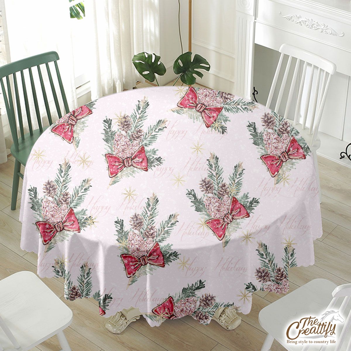 Christmas Mistletoe On Pink Snowflake Background Waterproof Tablecloth