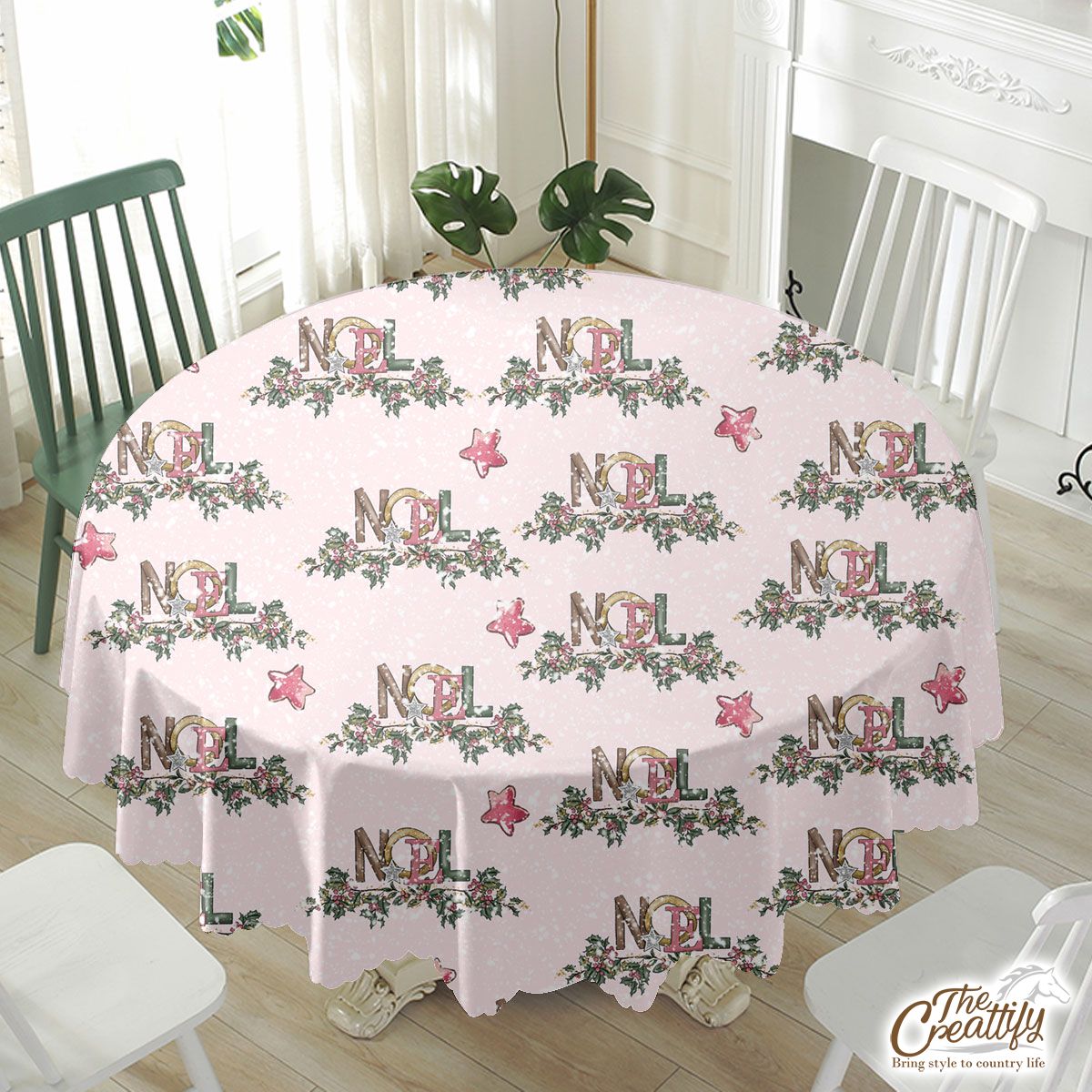 Noel Pink Holly Branch And Christmas Star On Snowflake Background Waterproof Tablecloth