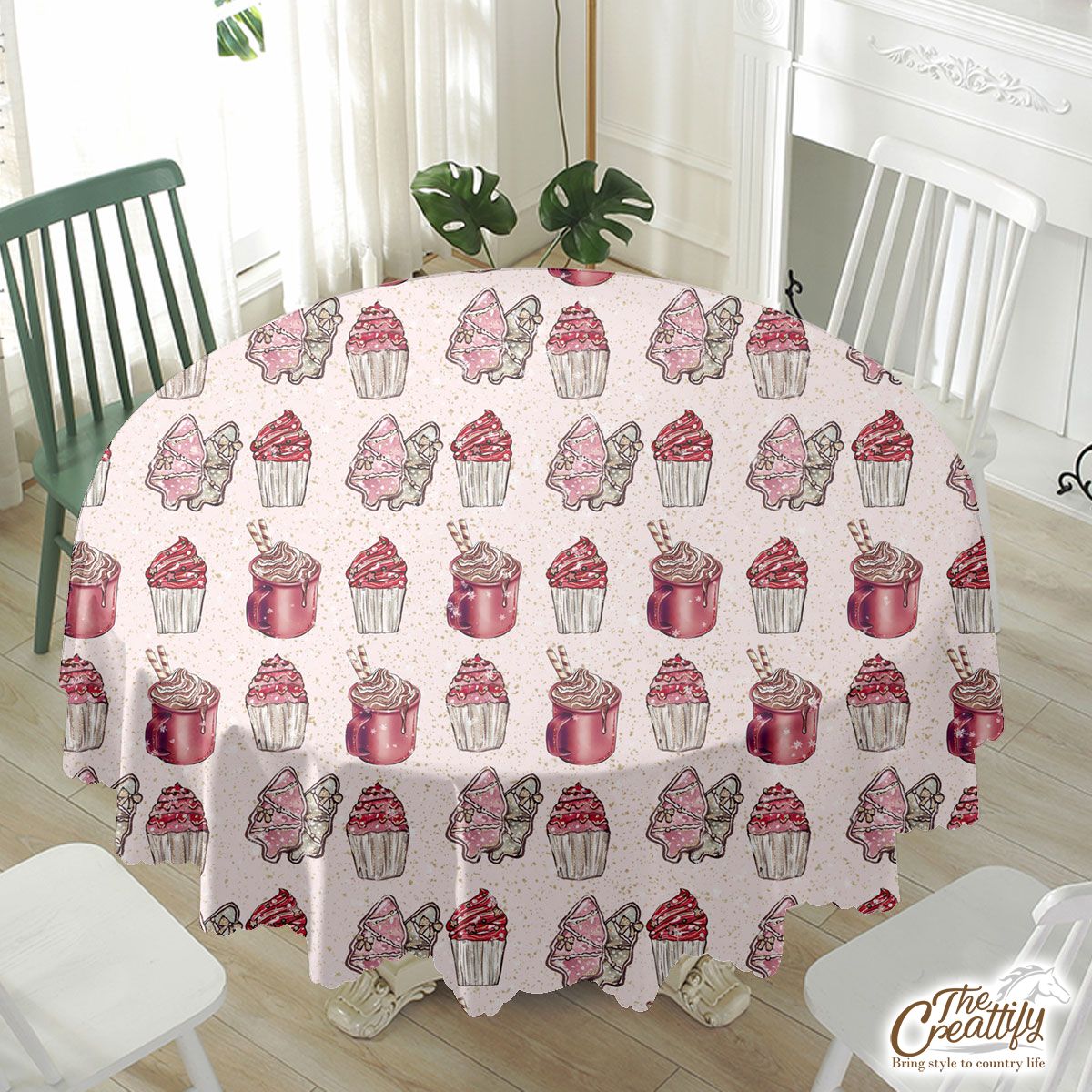Pink Gingerbread Christmas Tree, Cupcake On Pastel Pink Background Waterproof Tablecloth