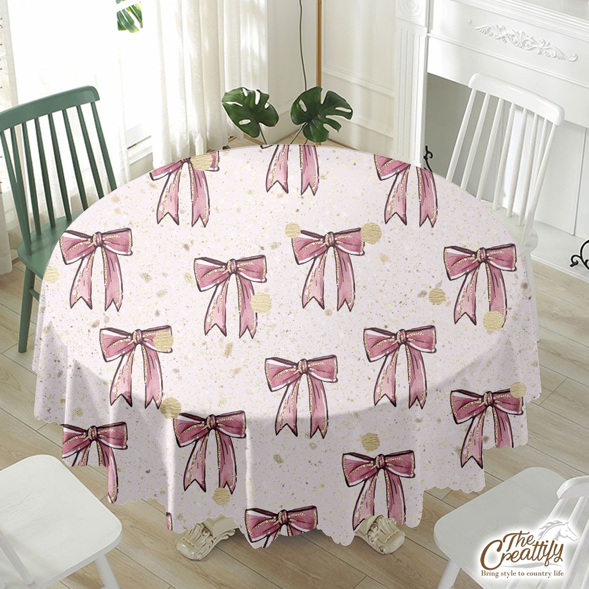 Twinkle Gold And Pink Christmas Bow Waterproof Tablecloth