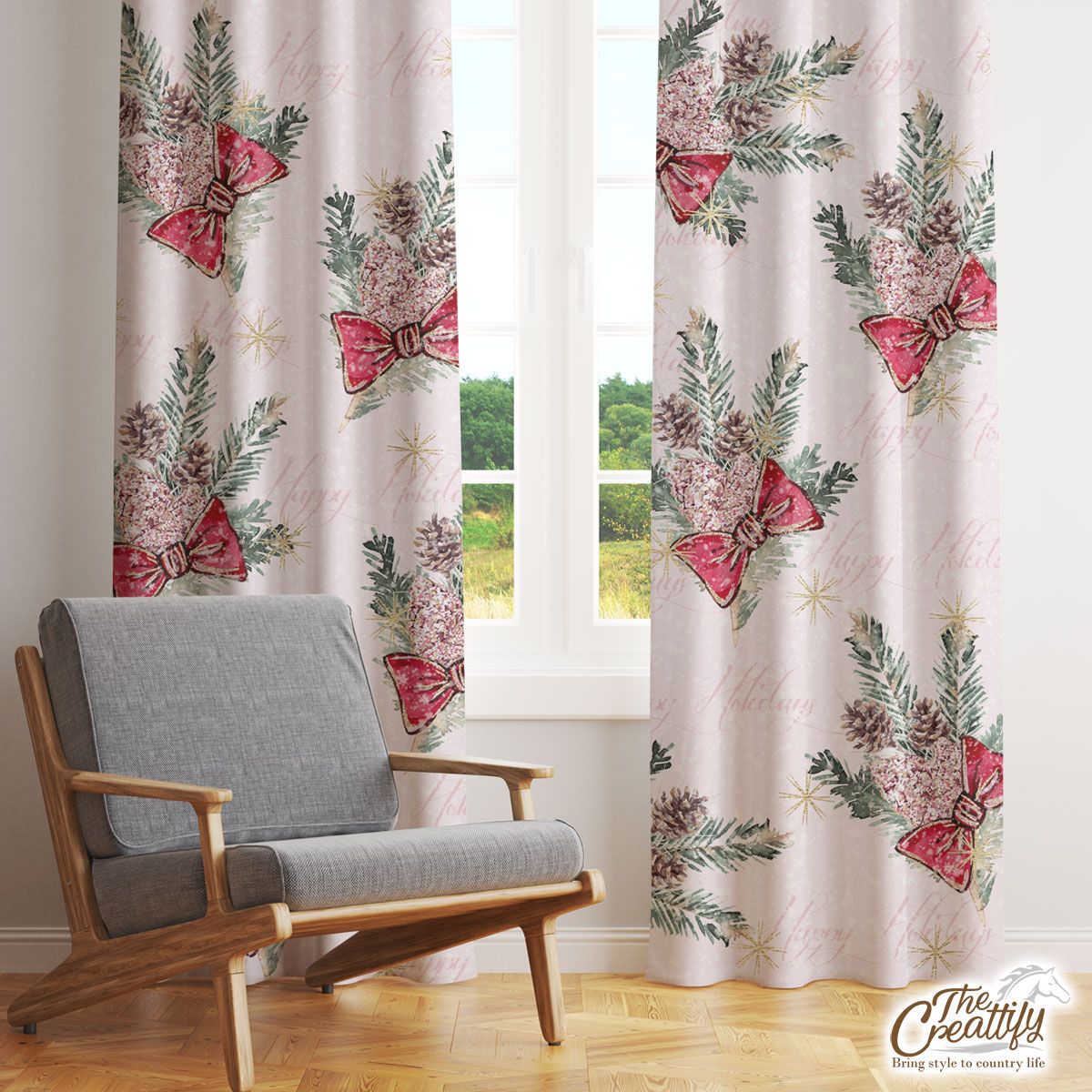 Christmas Mistletoe On Pink Snowflake Background Window Curtain