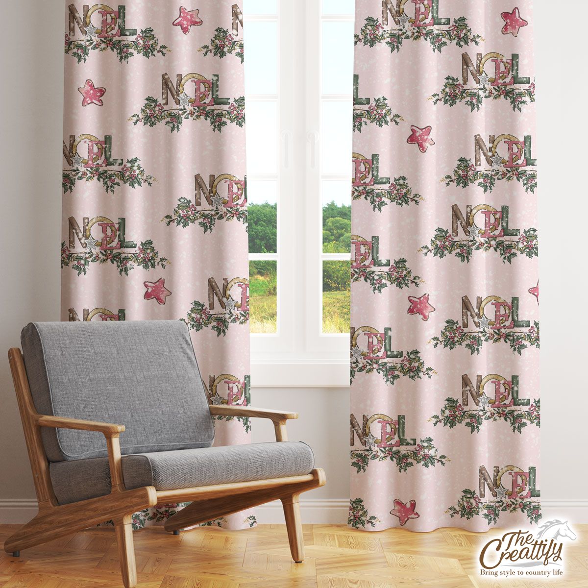 Noel Pink Holly Branch And Christmas Star On Snowflake Background Window Curtain