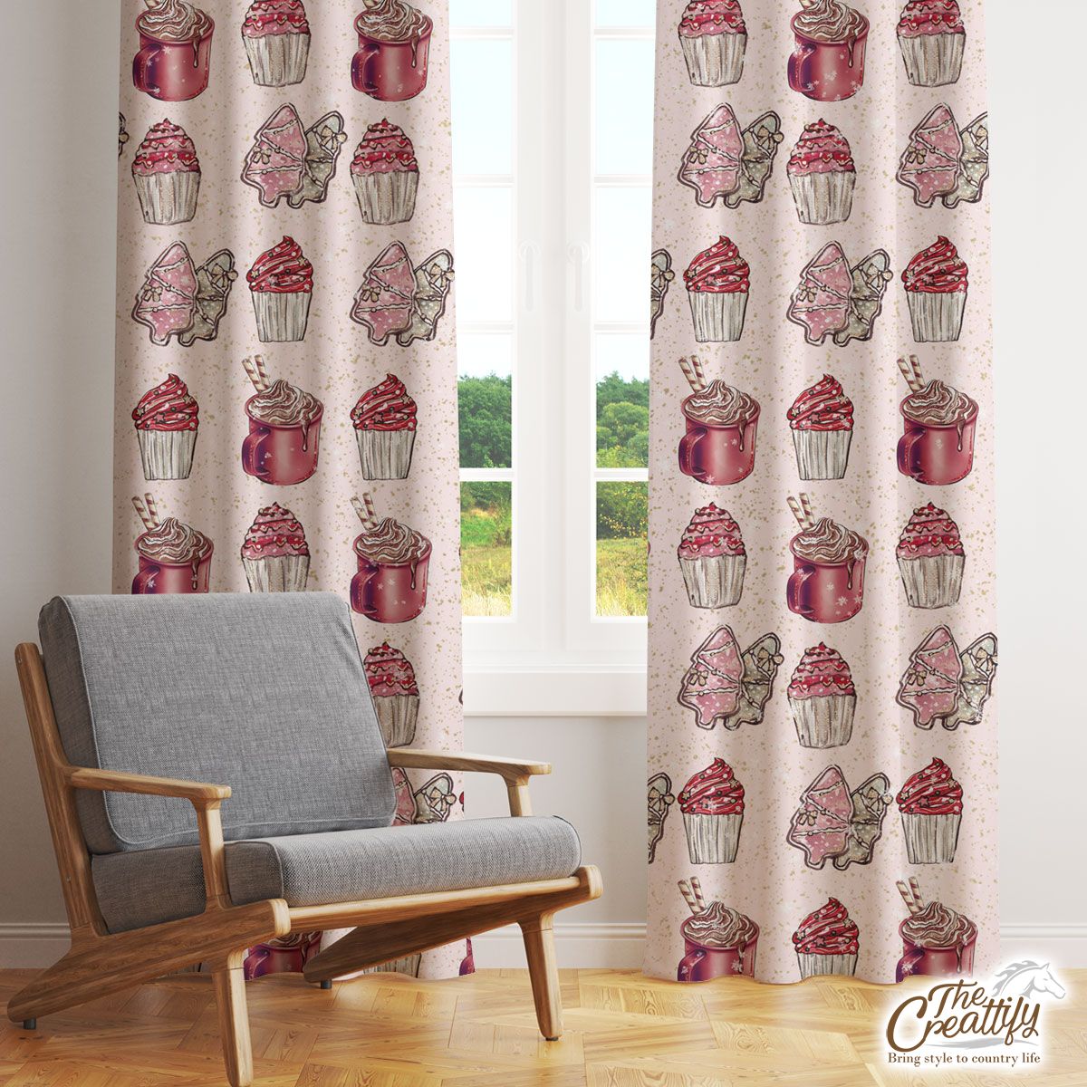 Pink Gingerbread Christmas Tree, Cupcake On Pastel Pink Background Window Curtain