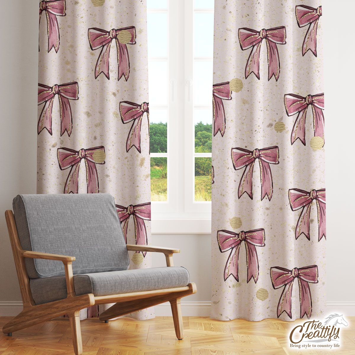 Twinkle Gold And Pink Christmas Bow Window Curtain