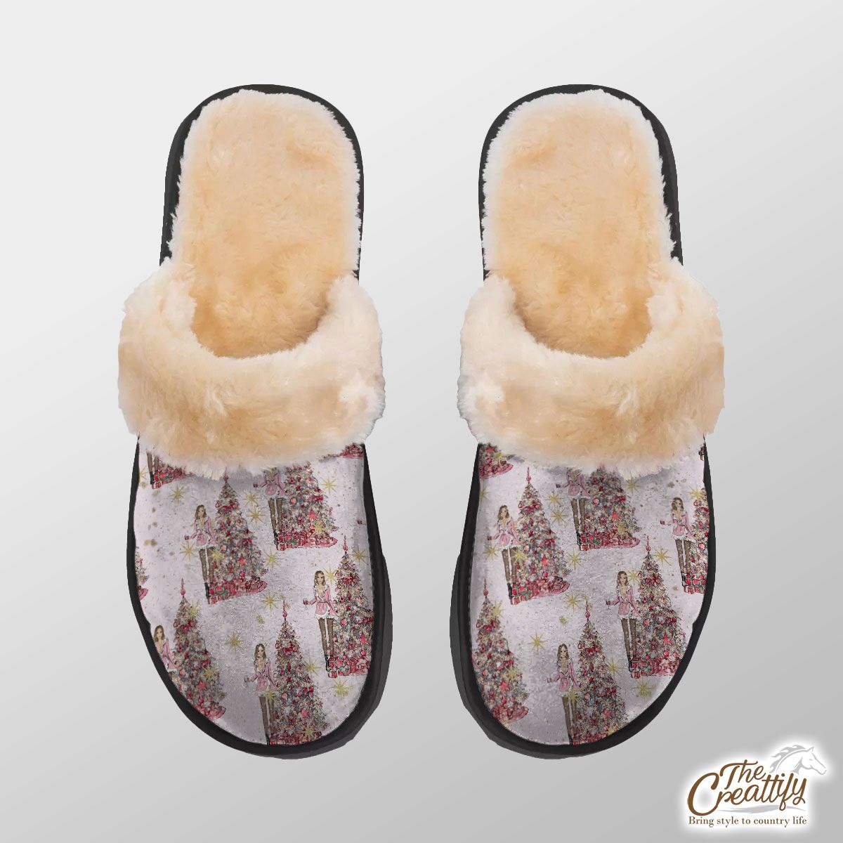 Girl With Pink Christmas Tree Home Plush Slippers