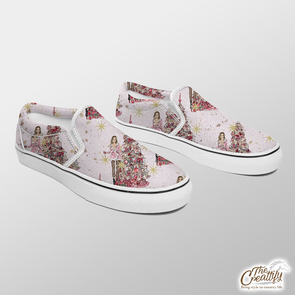 Girl With Pink Christmas Tree Slip On Sneakers