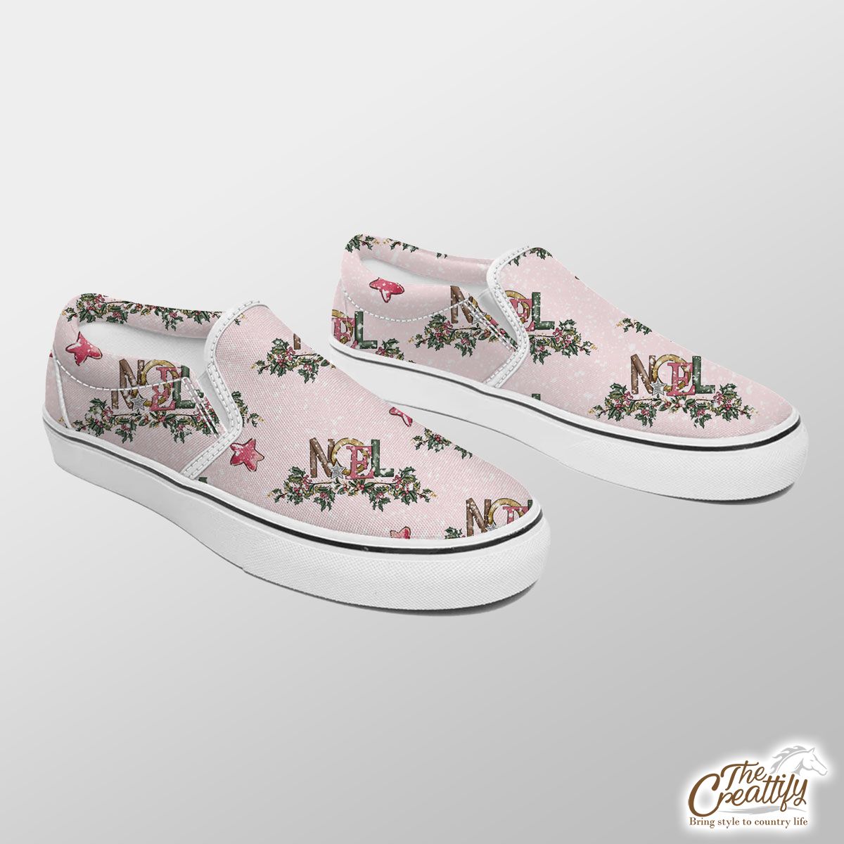 Noel Pink Holly Branch And Christmas Star On Snowflake Background Slip On Sneakers