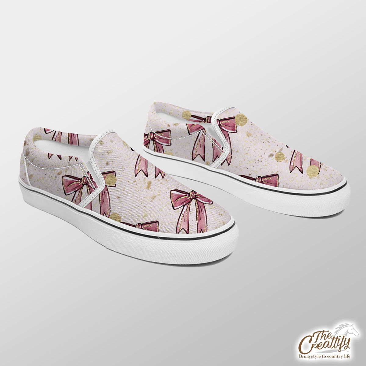 Twinkle Gold And Pink Christmas Bow Slip On Sneakers