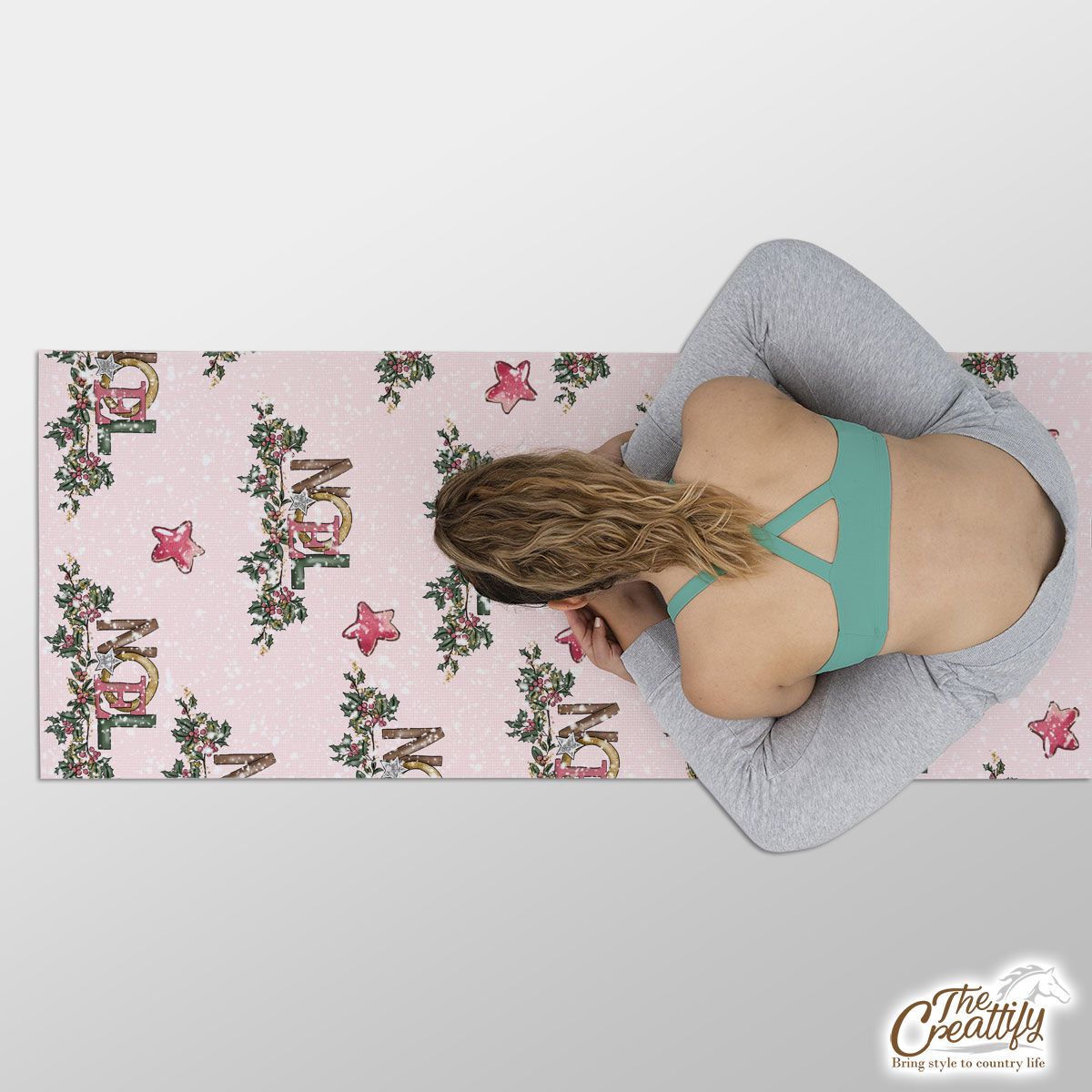 Noel Pink Holly Branch And Christmas Star On Snowflake Background Yoga Mat