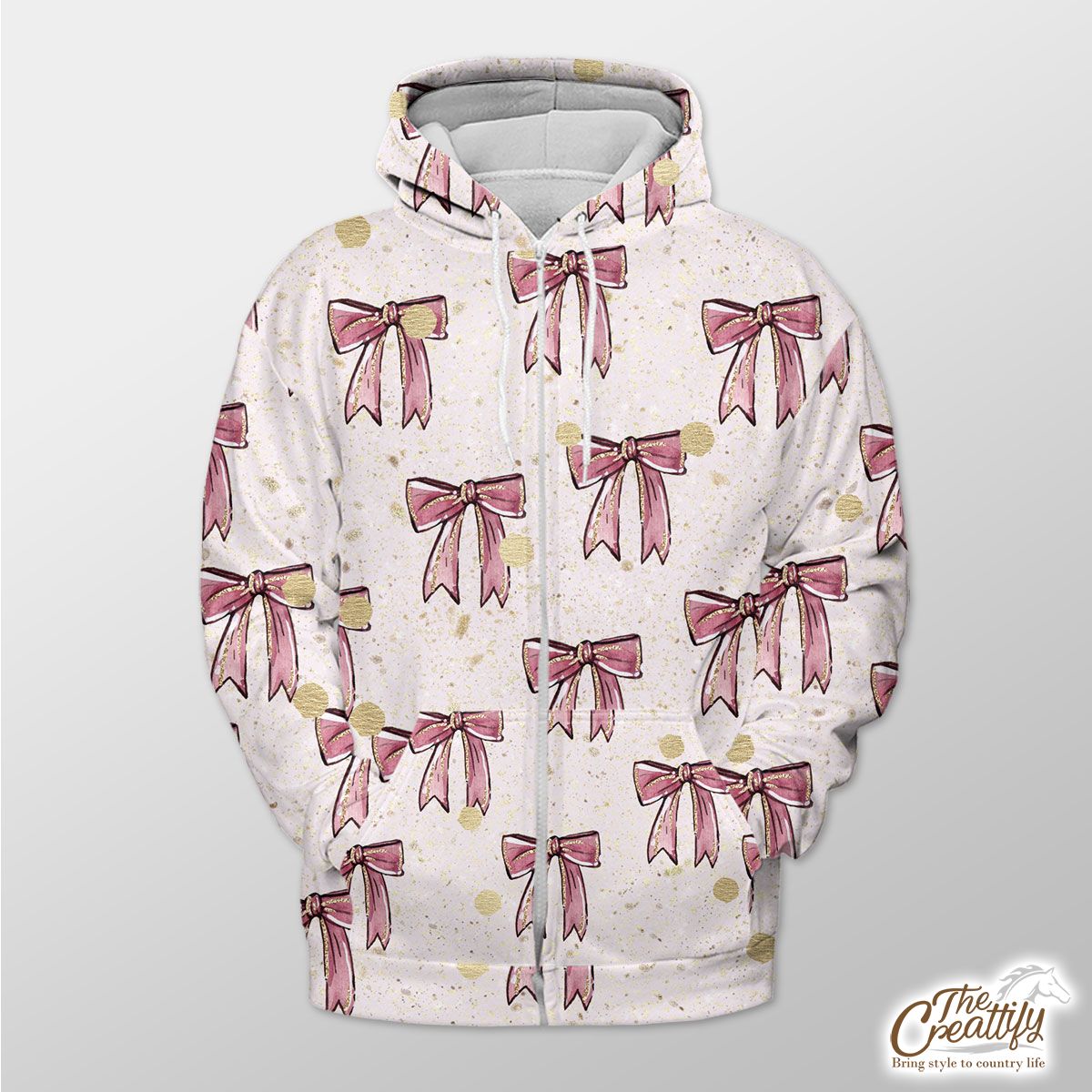 Twinkle Gold And Pink Christmas Bow Zip Hoodie