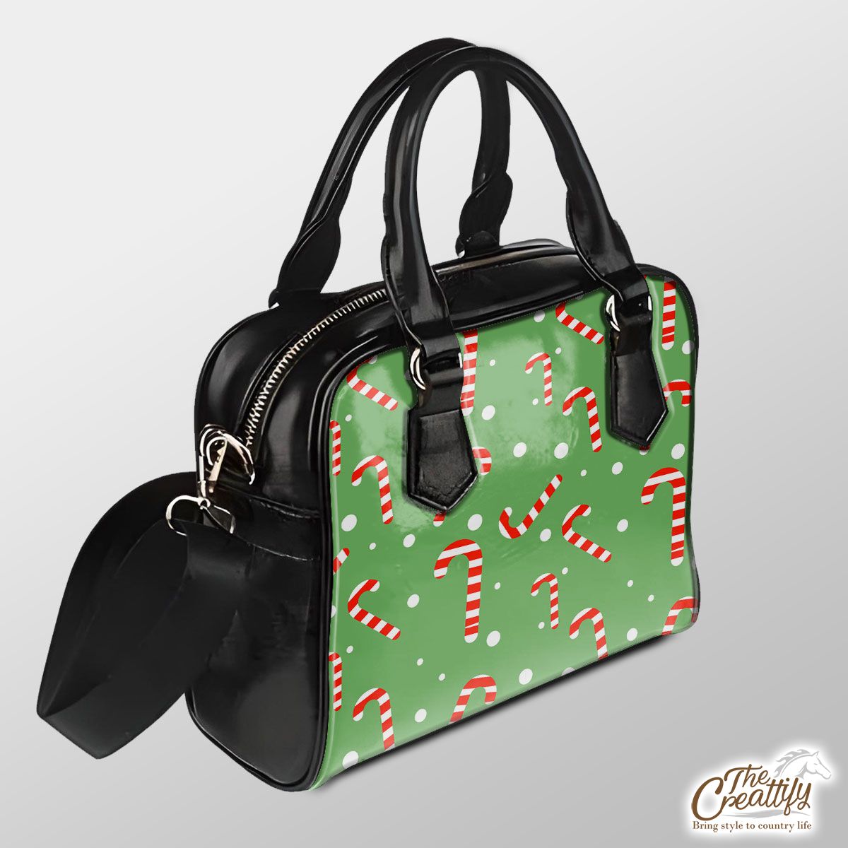 Candy Cane On Green And White Background Pu Shoulder Handbag