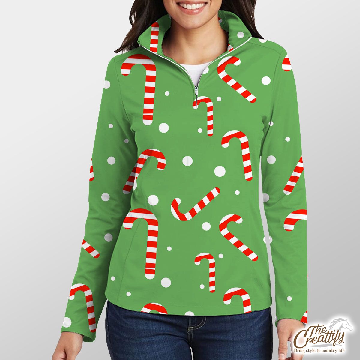 Candy Cane On Green And White Background Quarter Zip Pullover
