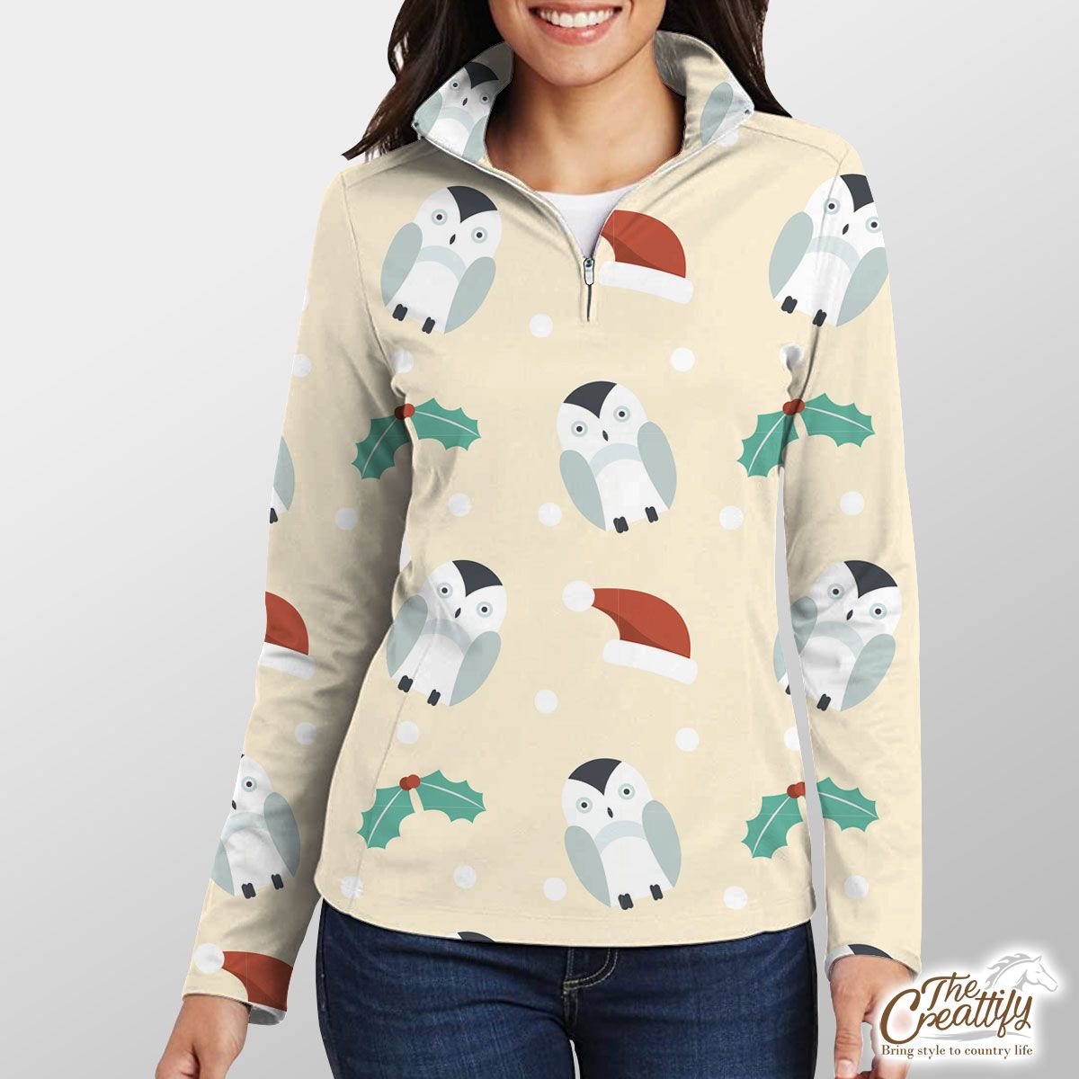 Christmas Penguins, Holly Leaf On Light Yellow Background Quarter Zip Pullover