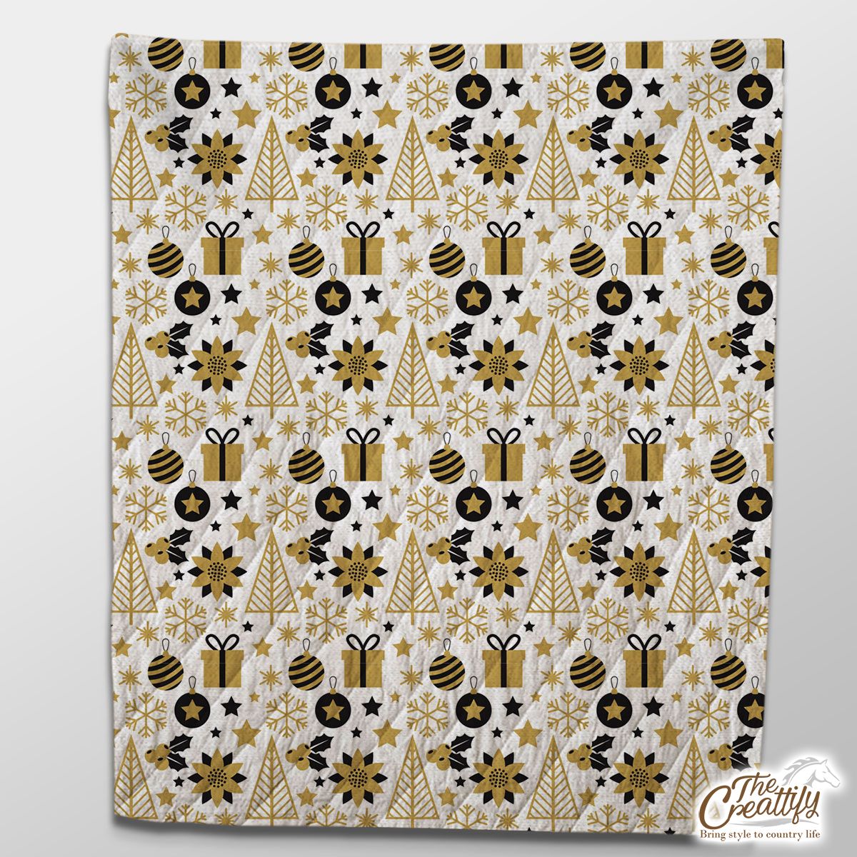 Black And Gold Christmas Gift, Holly Leaf, Snowflake On White Background Quilt