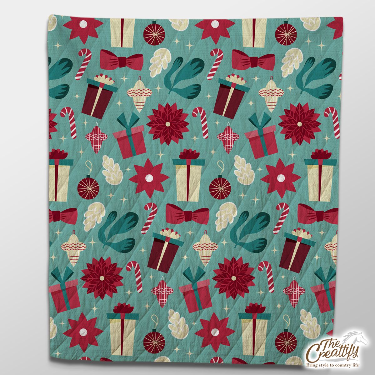 Christmas Gift, Candy Cane On Blue Background Quilt