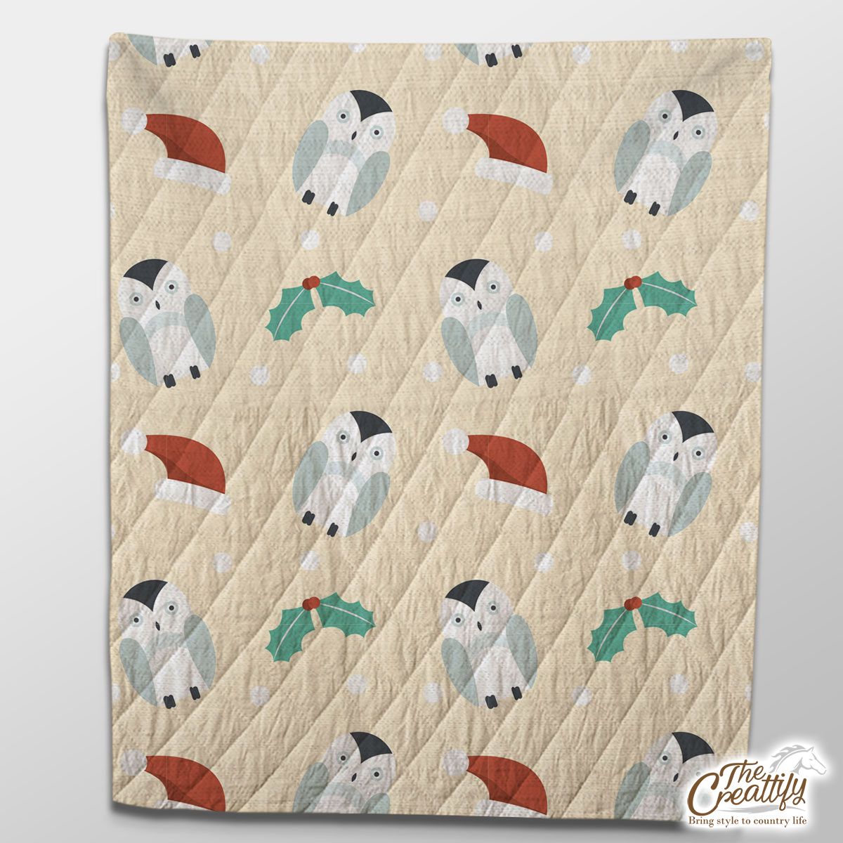 Christmas Penguins, Holly Leaf On Light Yellow Background Quilt