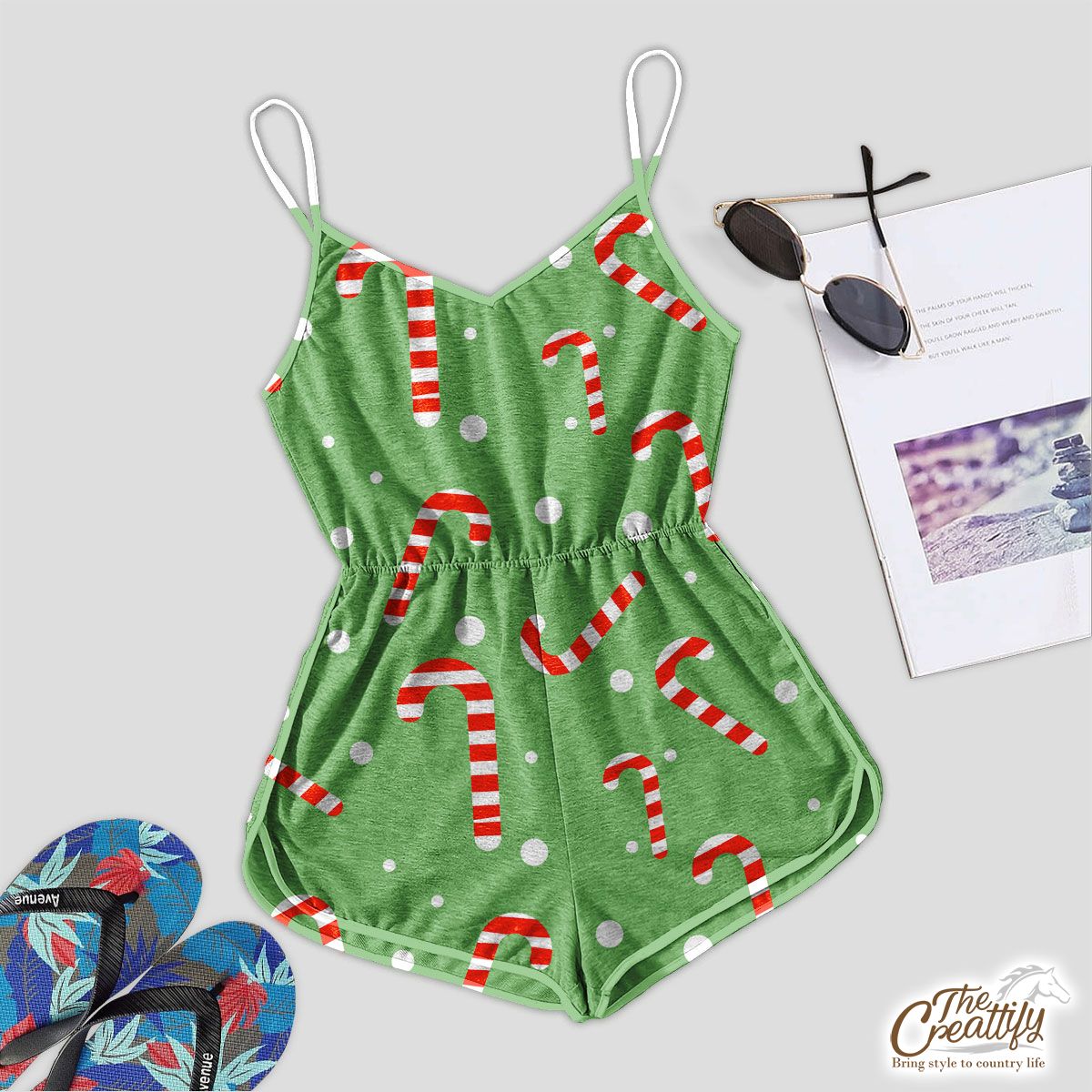 Candy Cane On Green And White Background Romper