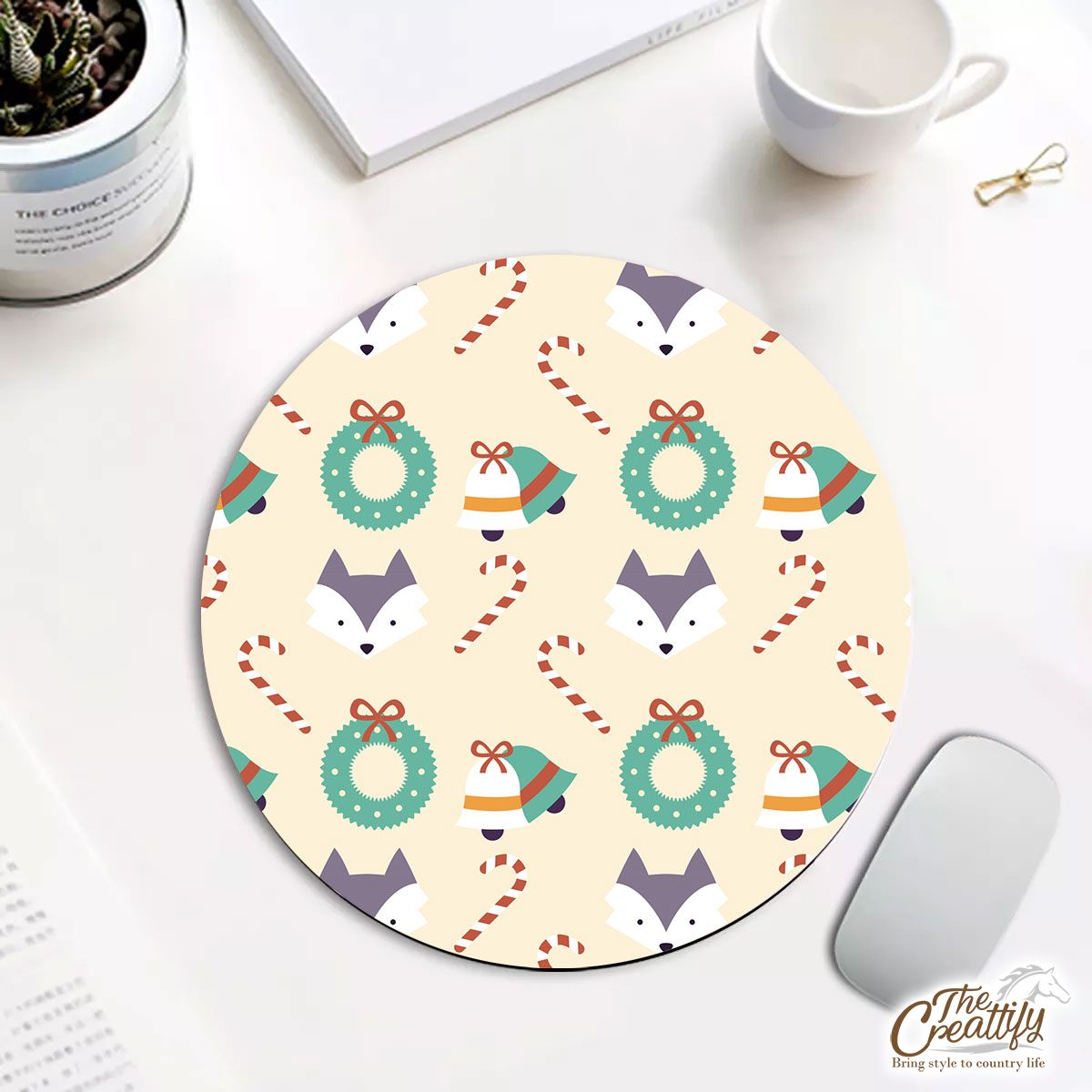 Christmas Bell, Candy Cane On Light Yellow Background Round Mouse Pad