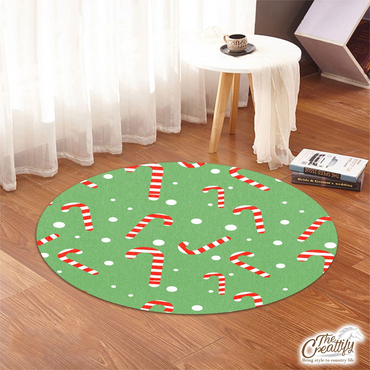 Candy Cane On Green And White Background Round Rug