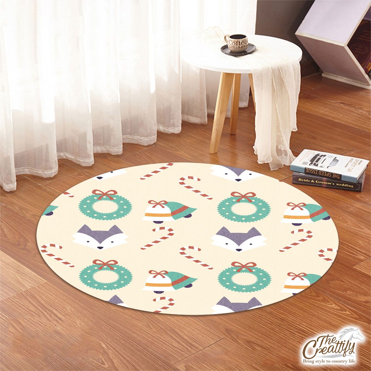 Christmas Bell, Candy Cane On Light Yellow Background Round Rug