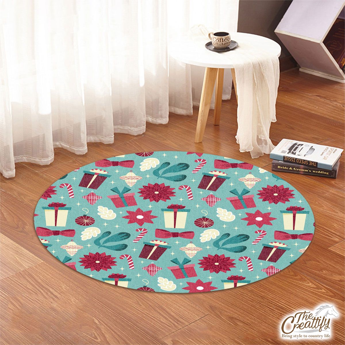 Christmas Gift, Candy Cane On Blue Background Round Rug