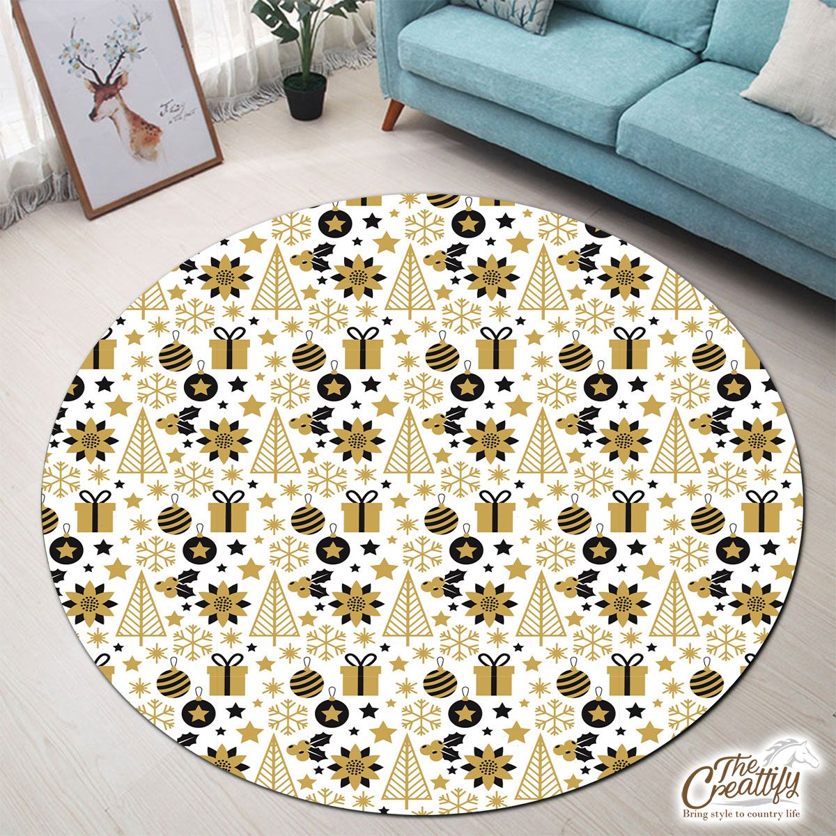 Black And Gold Christmas Gift, Holly Leaf, Snowflake On White Background Round Carpet