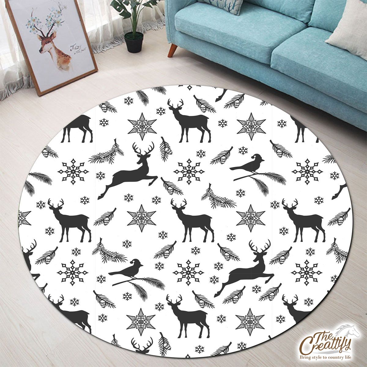 Black And White Reindeer And Snowlfake Christmas Round Carpet