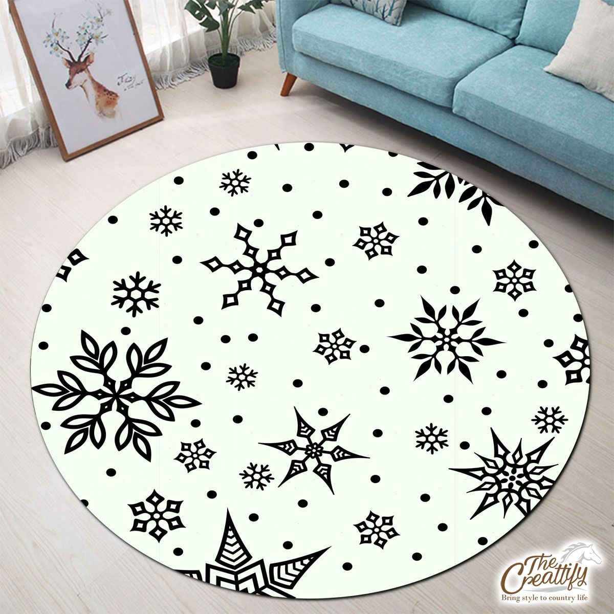 Black And White Snowflake Christmas Round Carpet