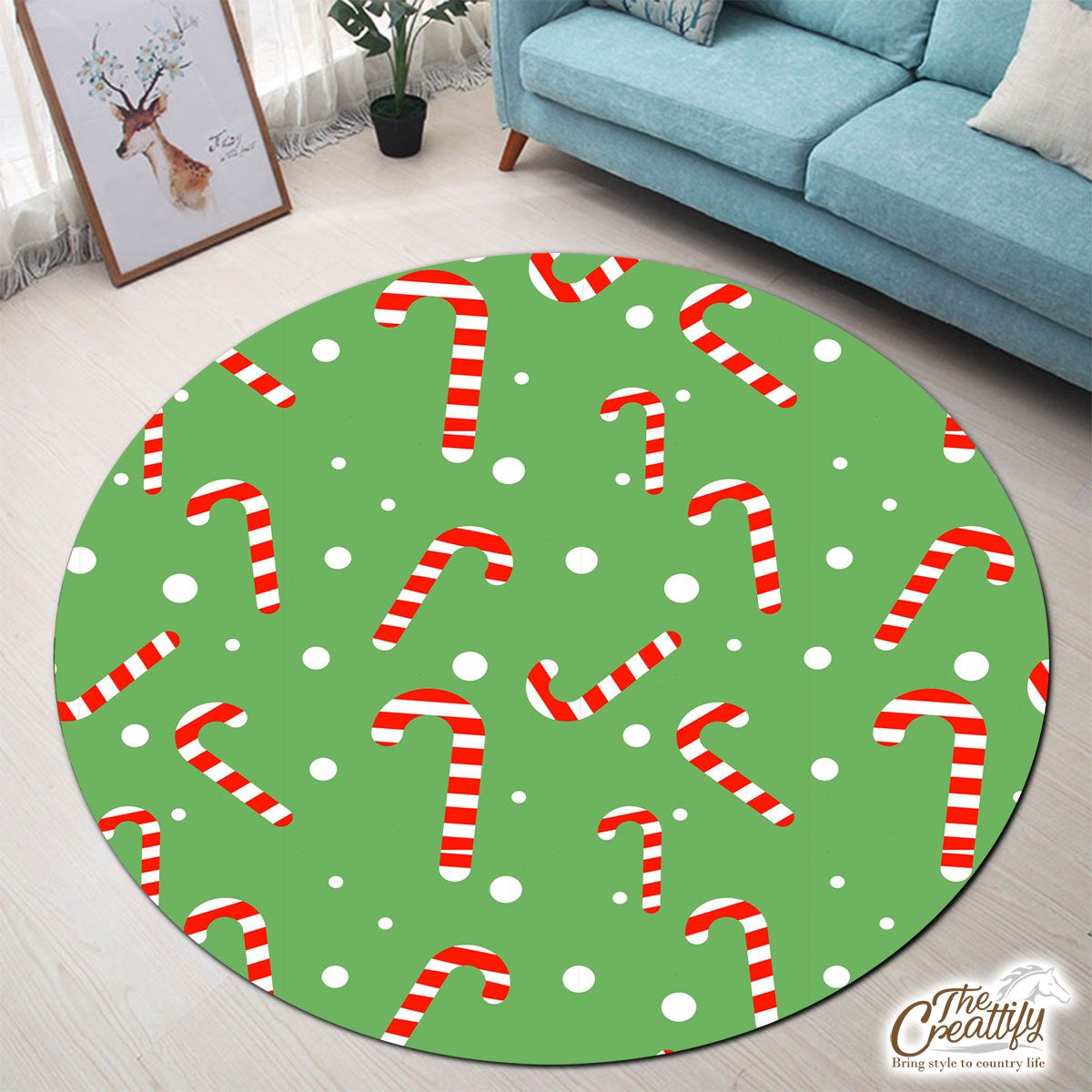 Candy Cane On Green And White Background Round Carpet