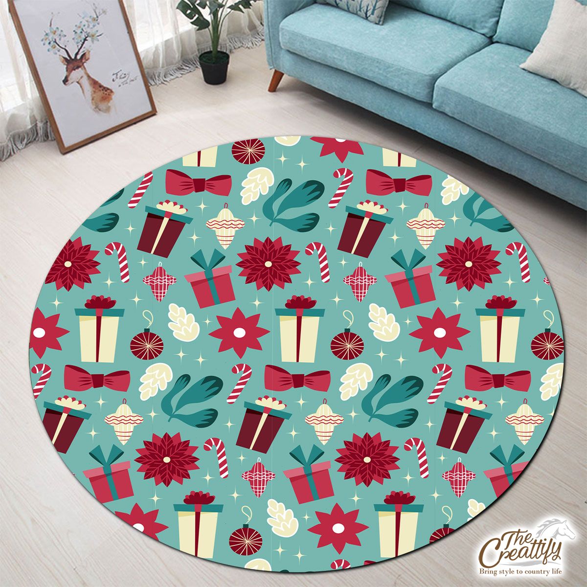 Christmas Gift, Candy Cane On Blue Background Round Carpet