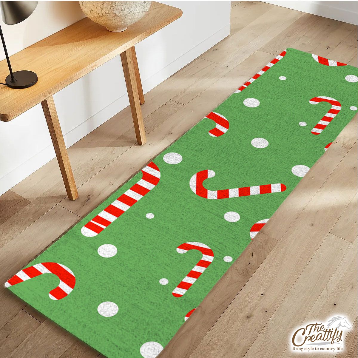 Candy Cane On Green And White Background Runner Carpet