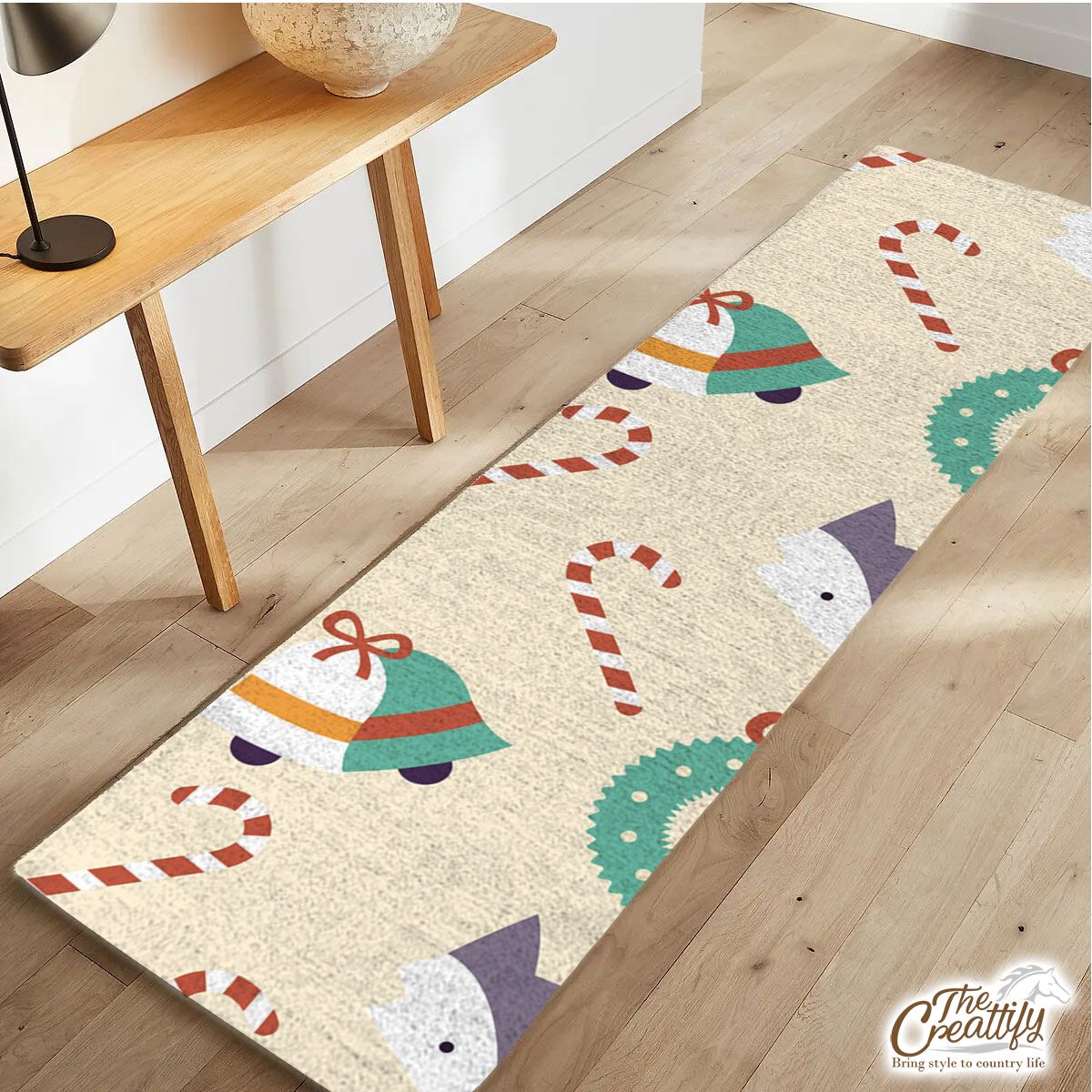Christmas Bell, Candy Cane On Light Yellow Background Runner Carpet