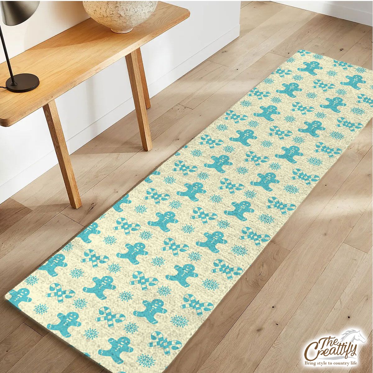 Christmas Gingerbread Man, Candy Cane On Snowflake Background Runner Carpet