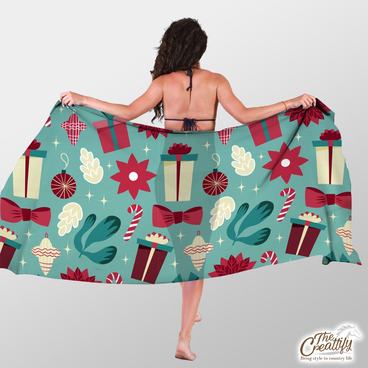 Christmas Gift, Candy Cane On Blue Background Sarong