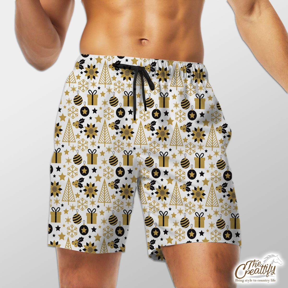 Black And Gold Christmas Gift, Holly Leaf, Snowflake On White Background Shorts