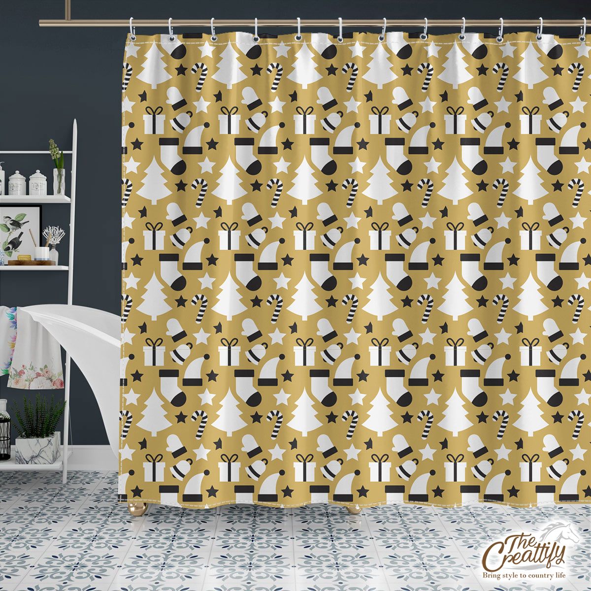 Black And White Christmas Socks, Christmas Tree, Candy Cane On Gold Background Shower Curtain