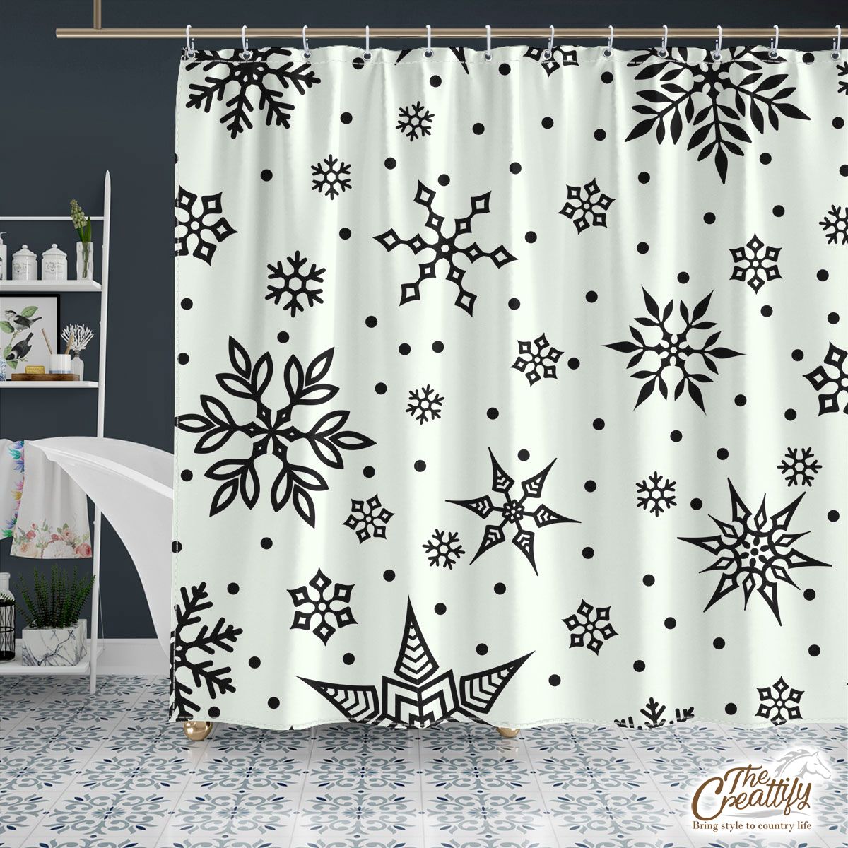 Black And White Snowflake Christmas Shower Curtain
