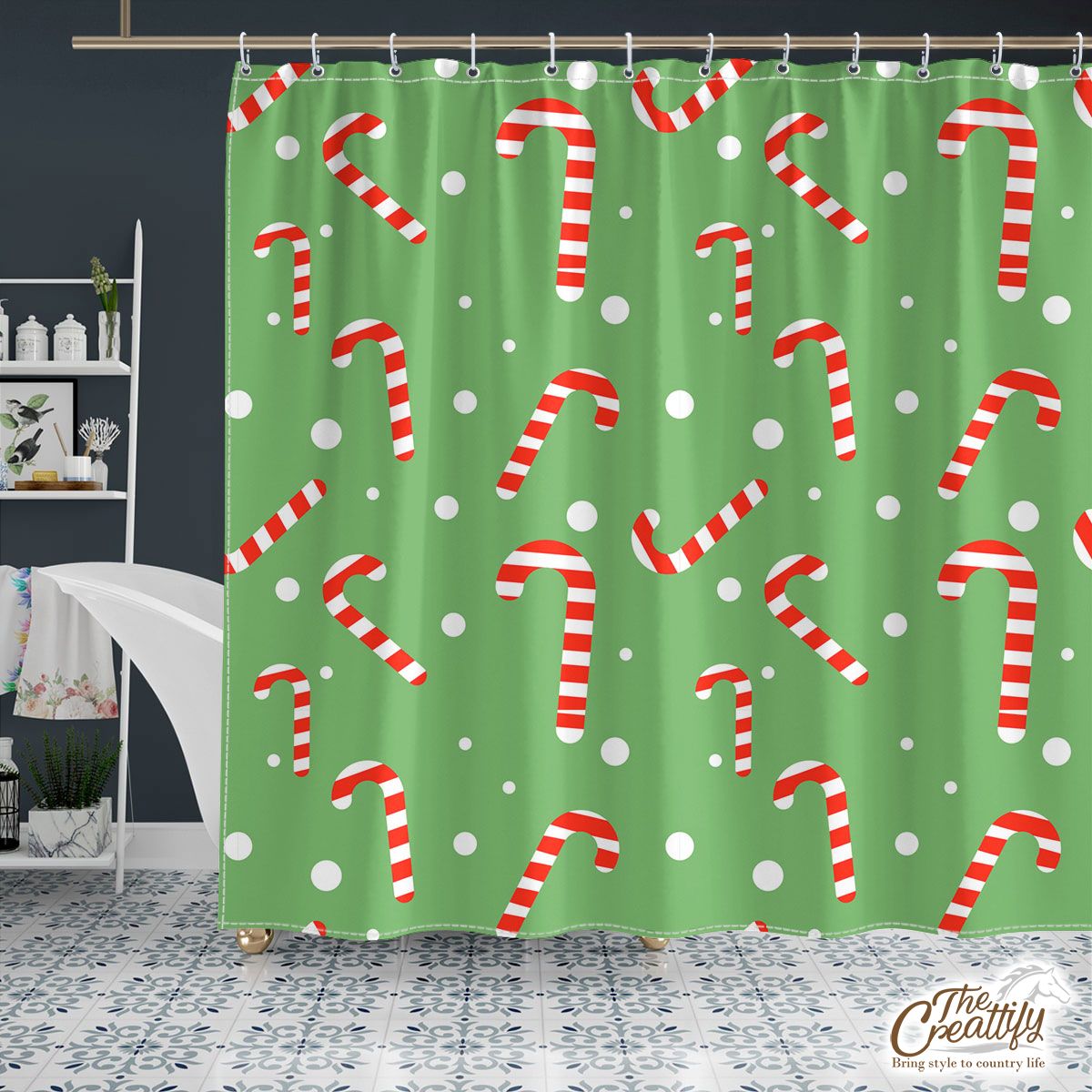 Candy Cane On Green And White Background Shower Curtain