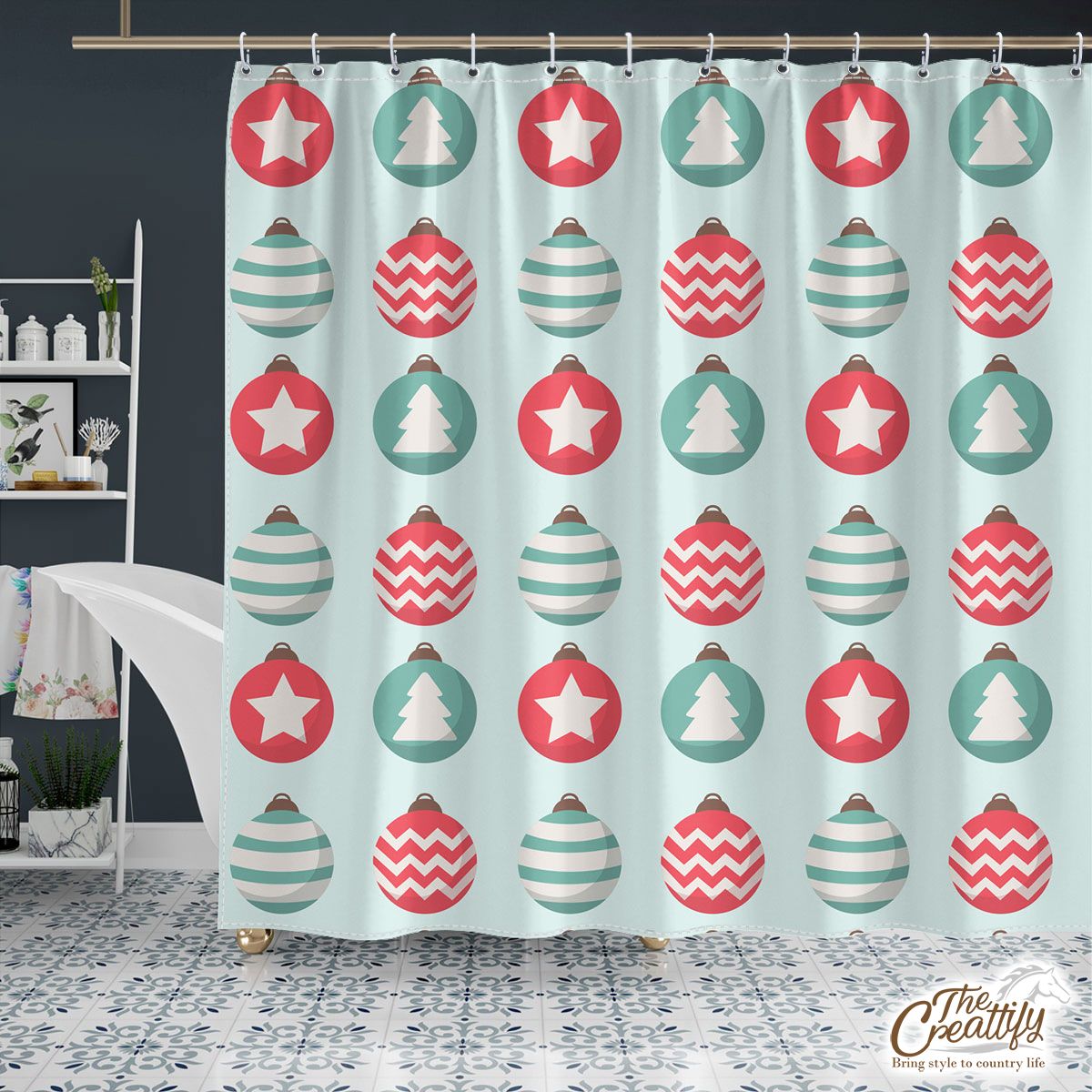 Christmas Balls On Blue Background Shower Curtain