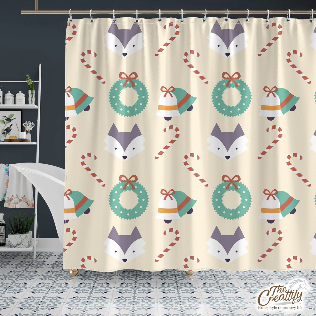 Christmas Bell, Candy Cane On Light Yellow Background Shower Curtain