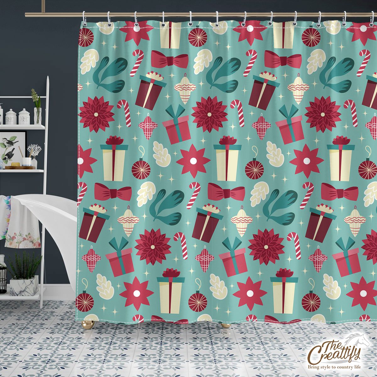 Christmas Gift, Candy Cane On Blue Background Shower Curtain