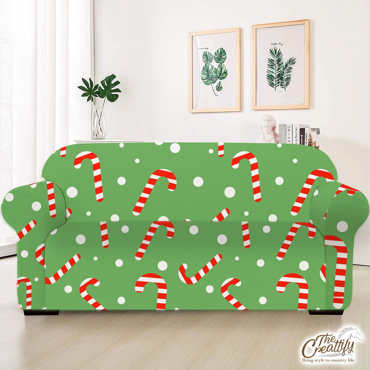 Candy Cane On Green And White Background Sofa Cover