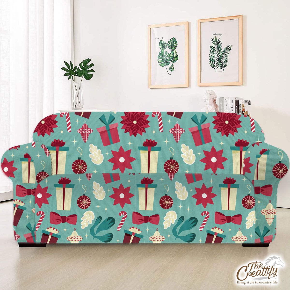 Christmas Gift, Candy Cane On Blue Background Sofa Cover