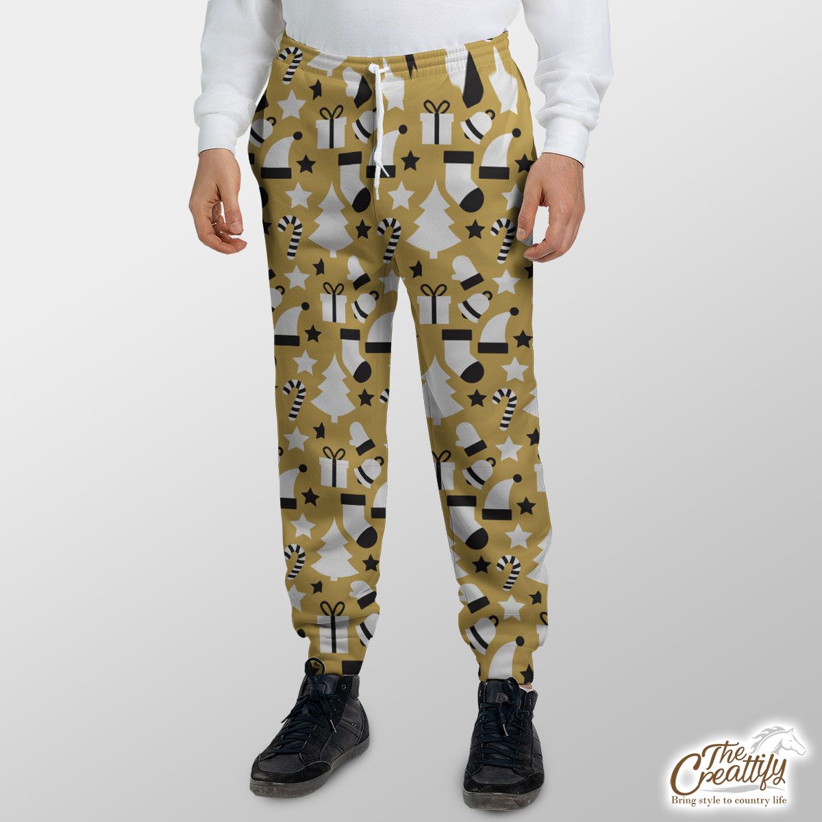 Black And White Christmas Socks, Christmas Tree, Candy Cane On Gold Background Sweatpants