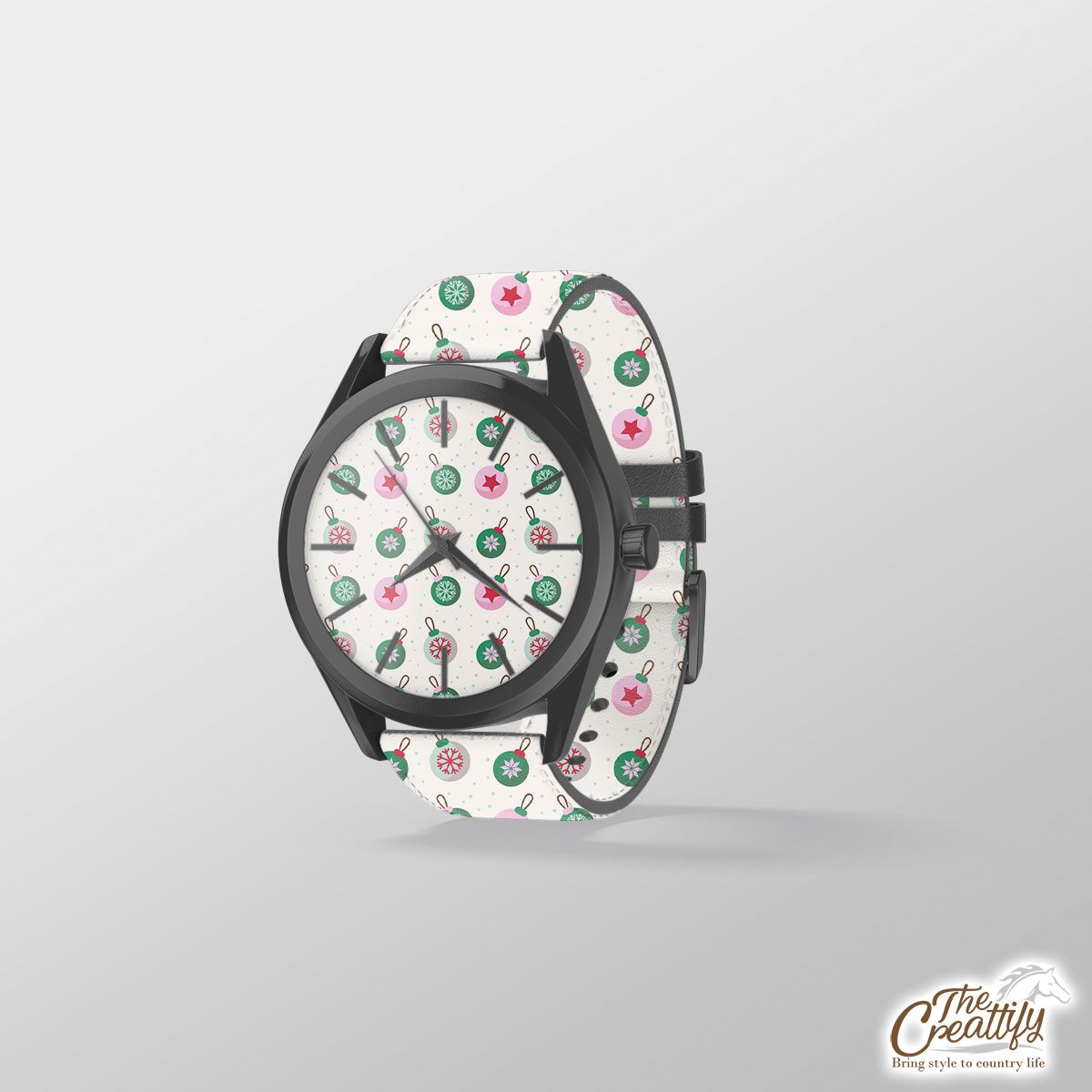 Green Pink And White Christmas Ball Pattern Print Watch