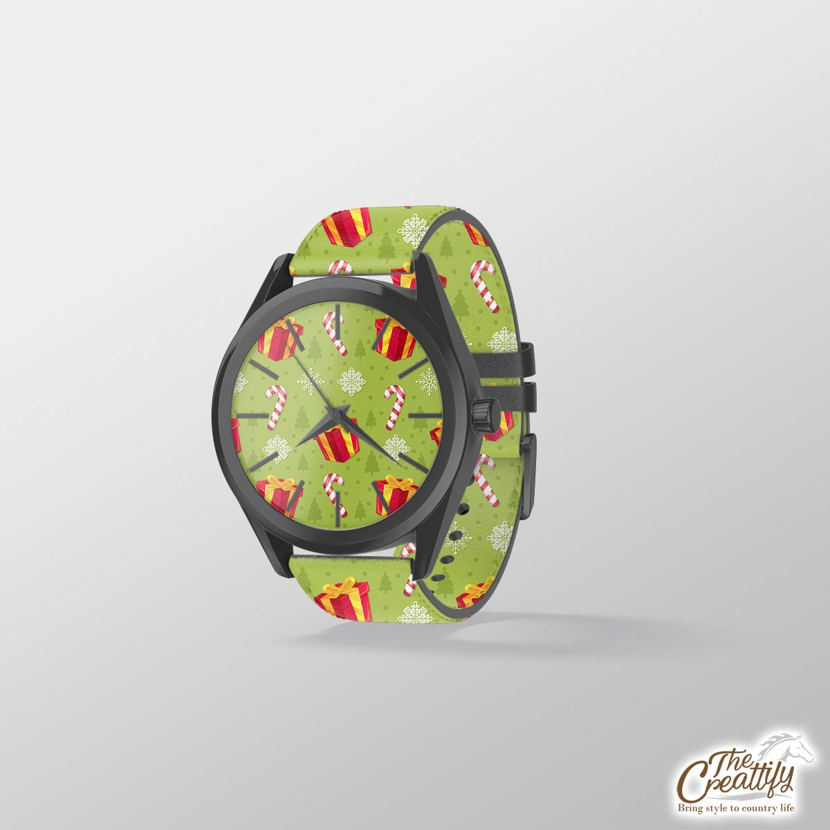 Red And Green Christmas Gift, Candy Cane, Snowflake Print Watch