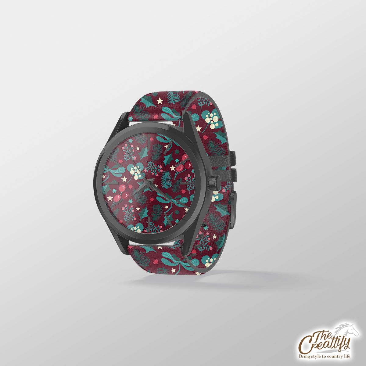 Red And Green Christmas Tree Branch, Cranberry, Holly Leaf Print Watch